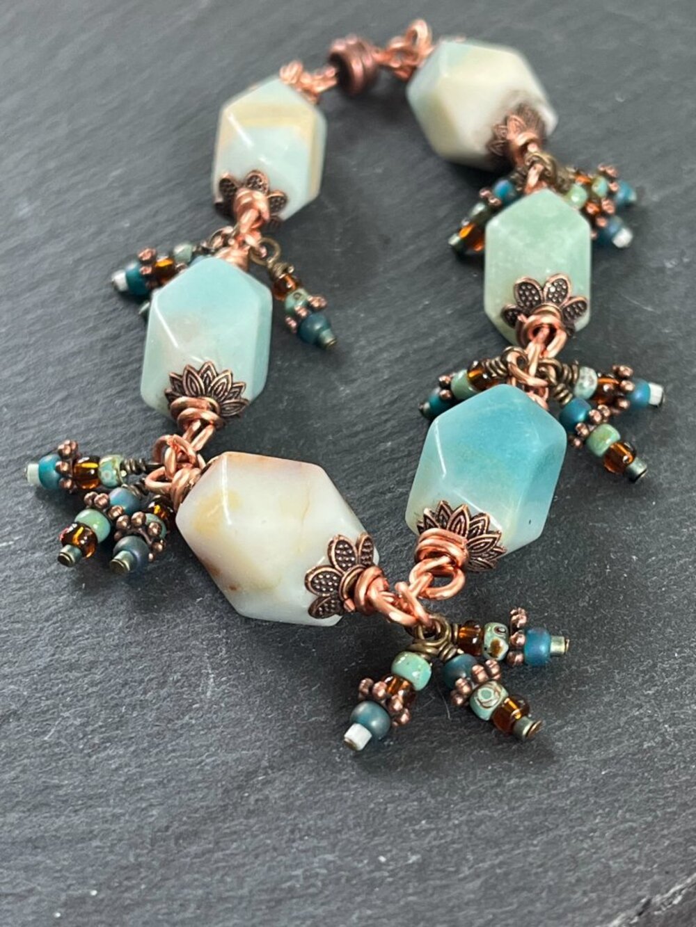 Faceted Amazonite Gemstone Bracelet | Beaded Copper Boho | Magnetic Clasp